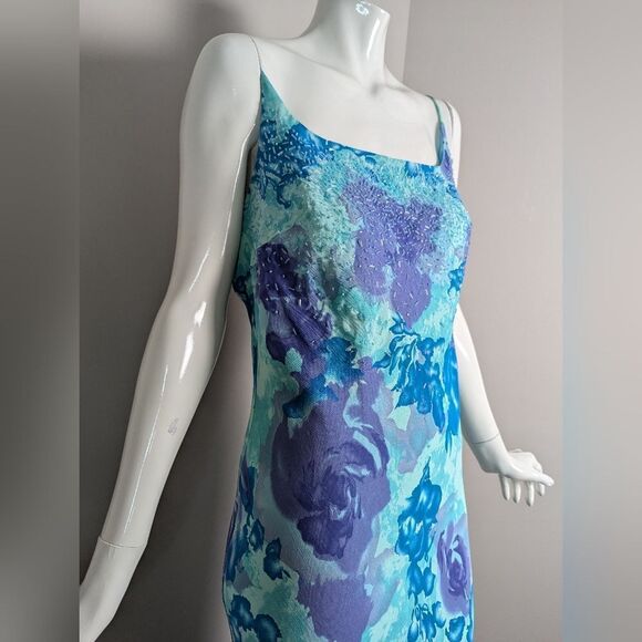 Vintage 90s Floral Maxi Dress Women’s Blue  Purple Beaded Bias Cut 10/12 - Picture 4 of 12